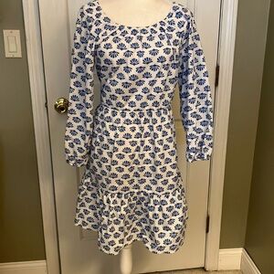 J Crew blue & white ginkgo pattern dress 10 EUC cottagecore